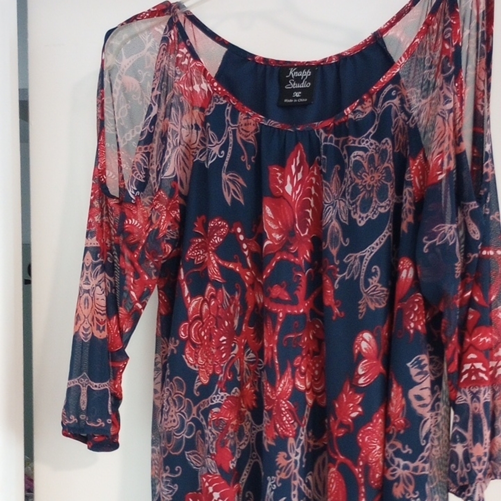 Floral Cold Shoulder Top - Red and Blue